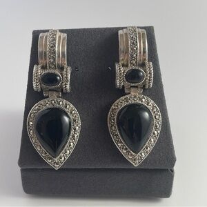 Vintage Sterling Silver black stone with marcasite 2” drop pierced earrings